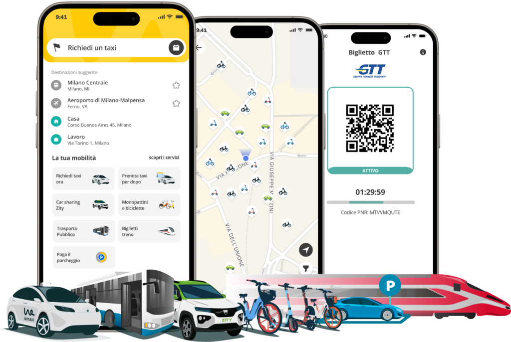 Tre smartphone con app Wetaxi e illustrazioni di mezzi di trasporto.