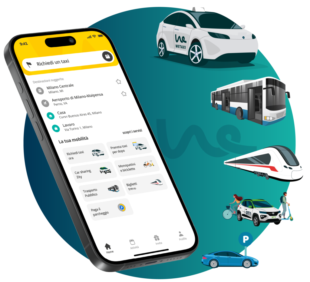 Smartphone con applicazione di mobilità accanto a icone di taxi, autobus, treno, auto, bici e monopattino elettrico.