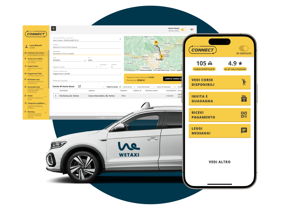 Taxi con uno smartphone e la schermata di un computer