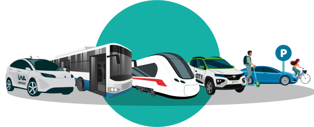Illustrazione con taxi, autobus, treno, auto, bici e monopattini.