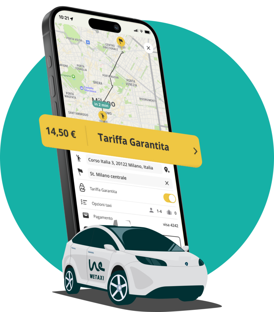 Smartphone con app su cui c'è scritto tariffa garantita con l'icona di un taxi