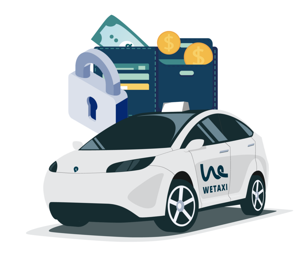 Illustration of a taxi a wallet and a padlock