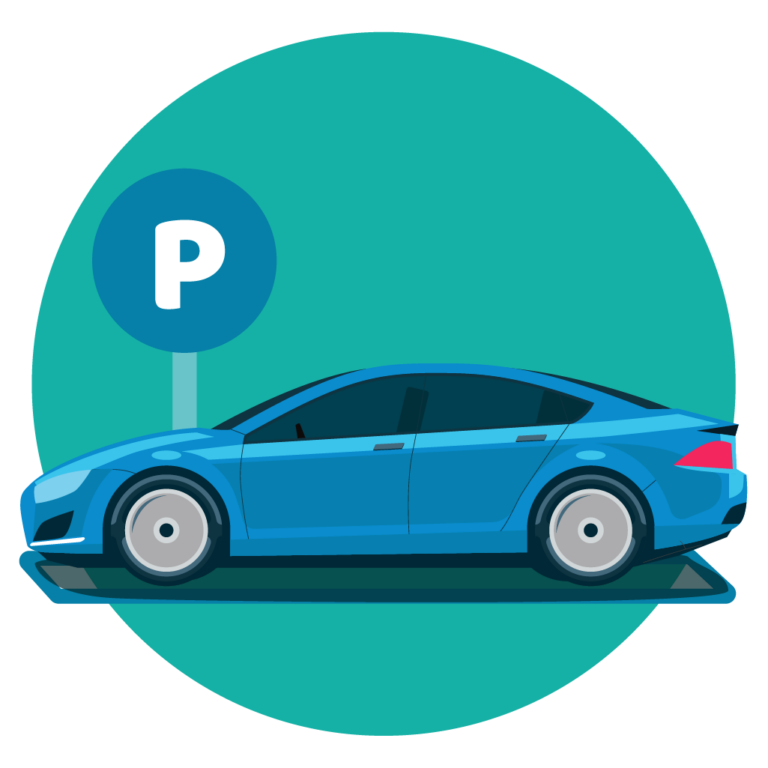 Illustrazione di un'auto accanto al segnale del parcheggio