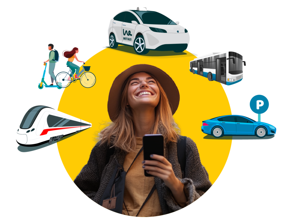 Ragazza con smartphone che guarda icone di mezzi di trasporto